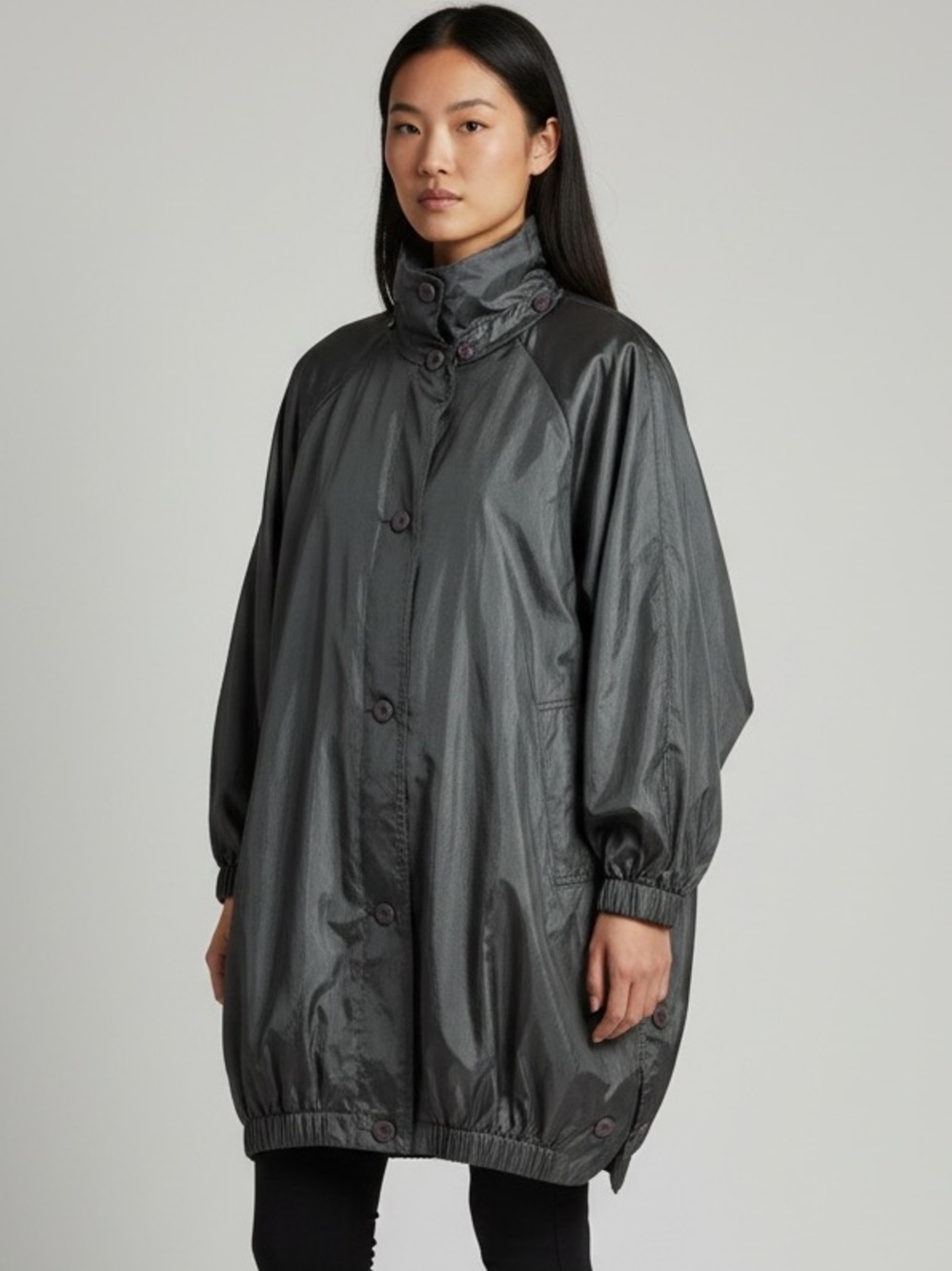 Vintage Alorna Black Iridescent Balloon Hem Raincoat Parachute Cocoon Jacket OS
